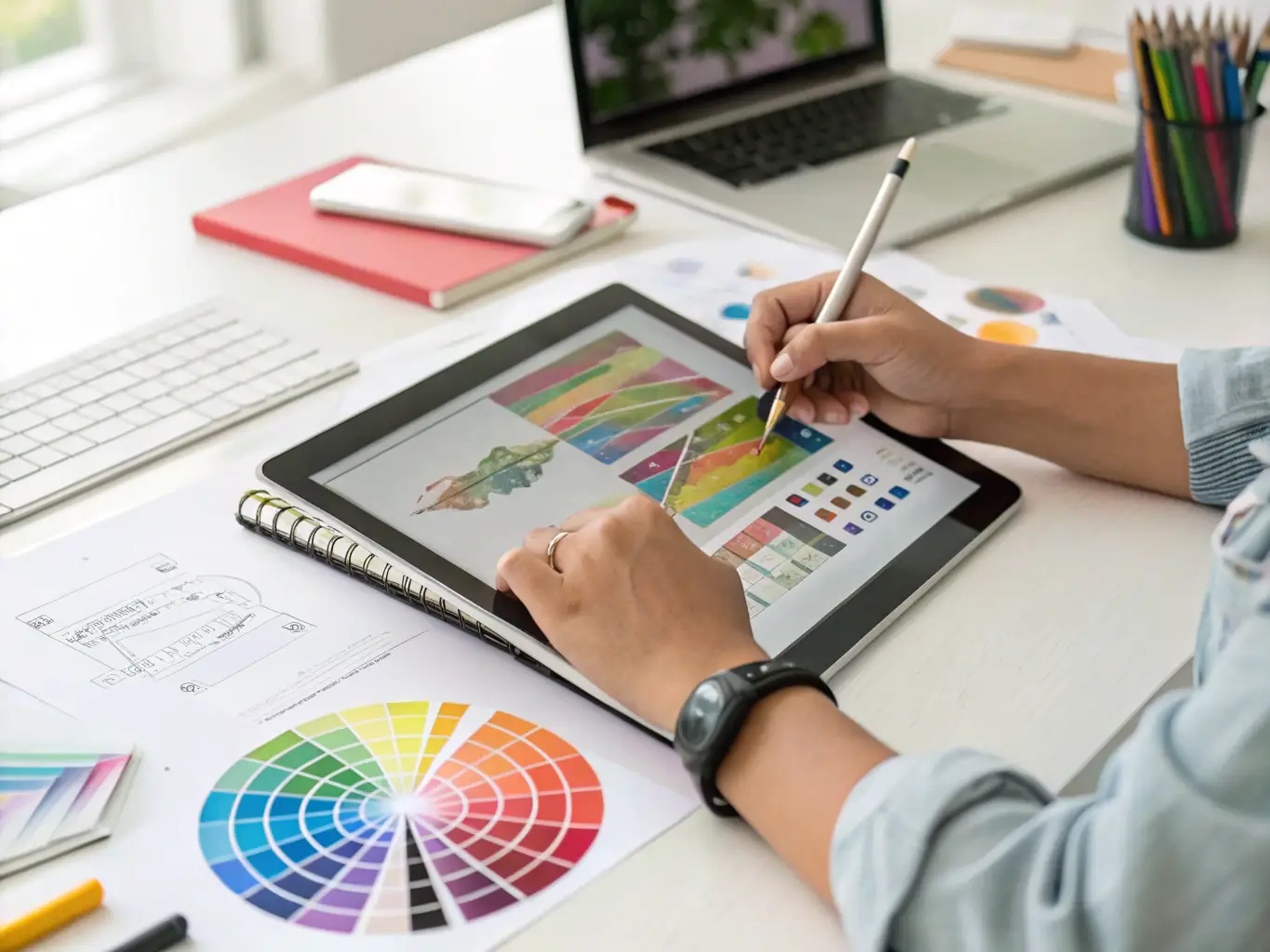 A close-up shot of a designer's hands working on a digital business card design on a tablet, with design software interface visible.