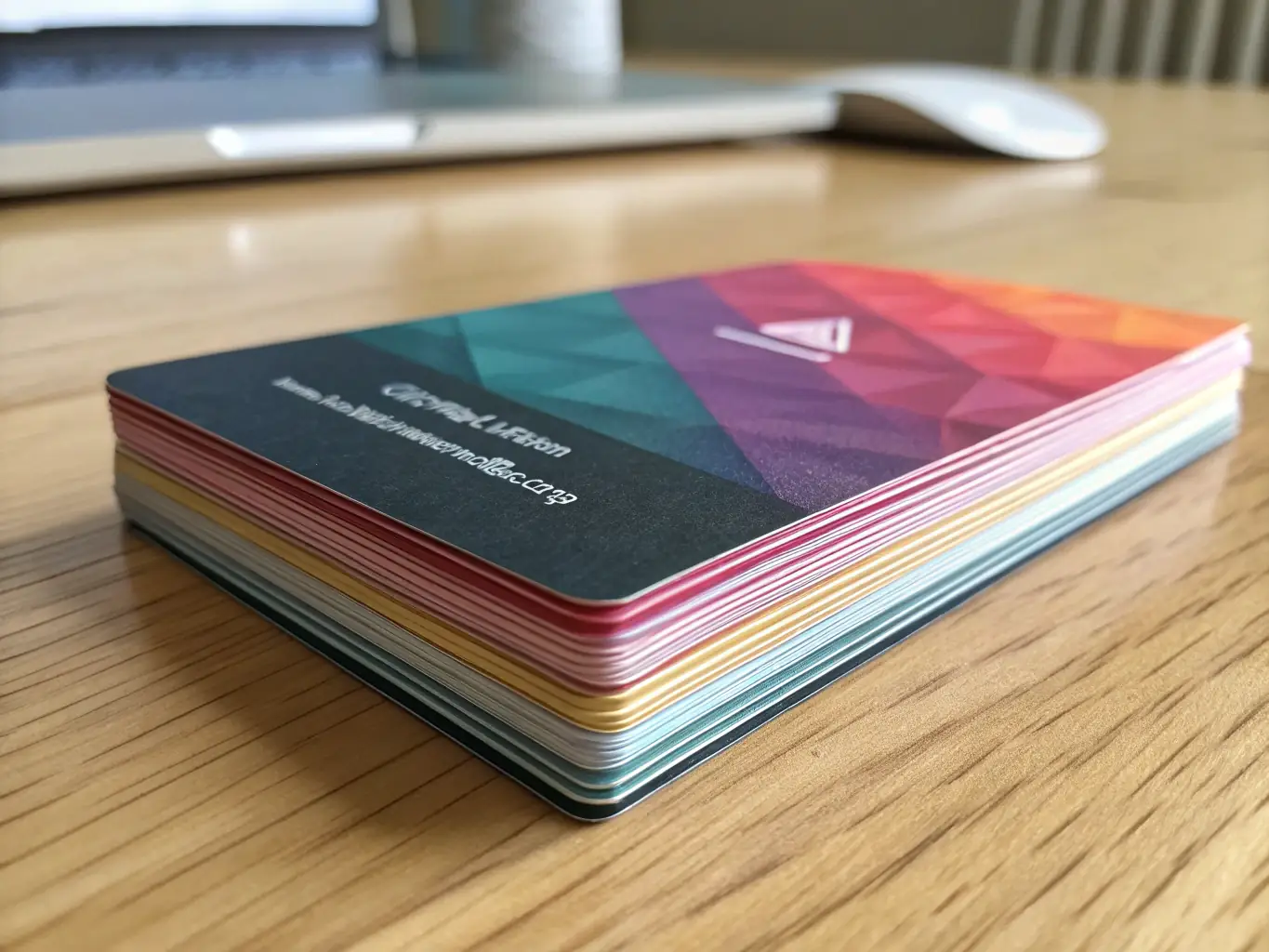 A professionally lit photograph showcasing a variety of business cards with different designs, textures, and finishes, arranged artfully on a dark wooden surface.