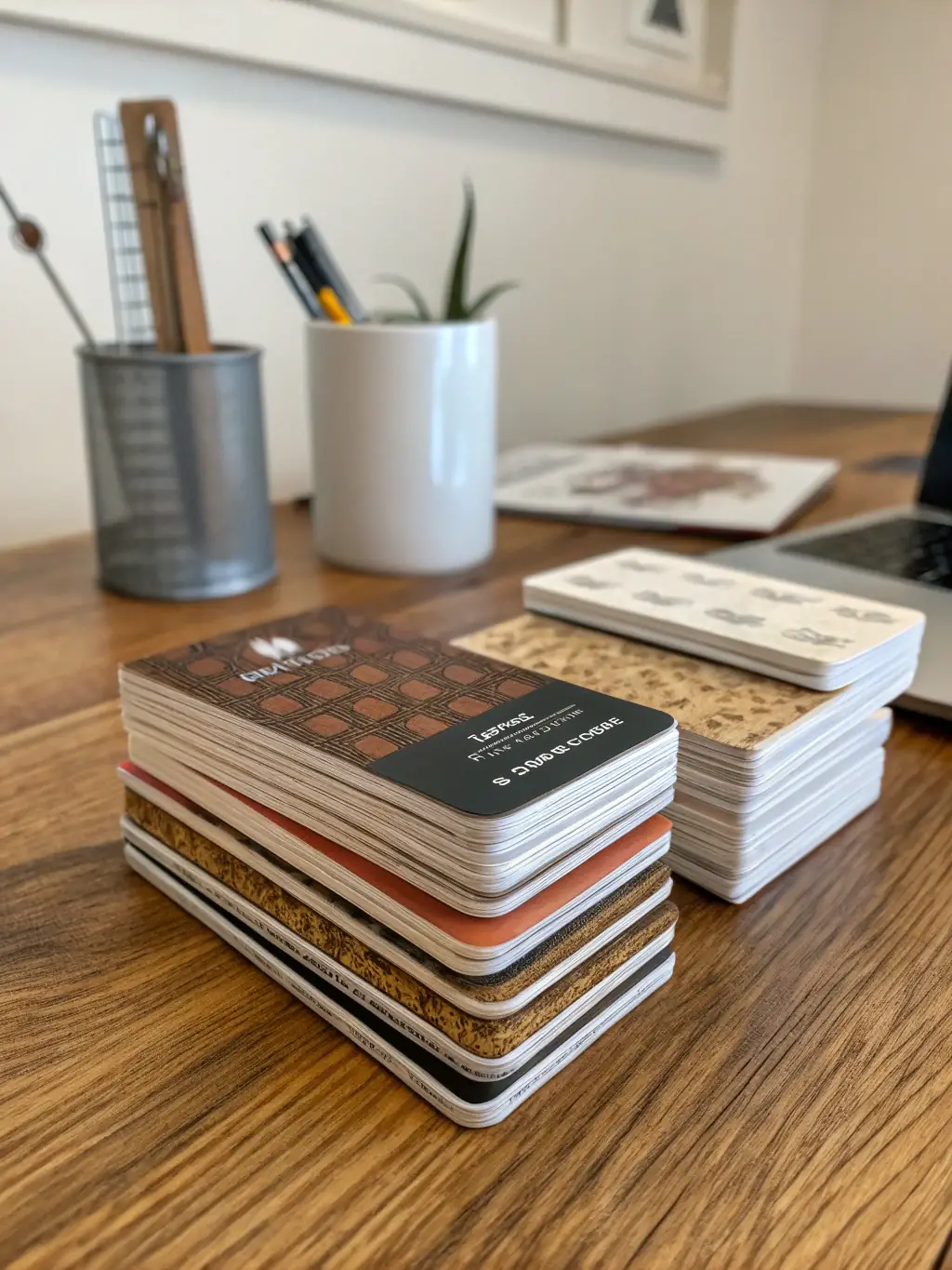A visually striking image of 'Premium Package' business cards with special finishes like embossing, foil stamping, or custom die-cuts, highlighting the luxurious feel.